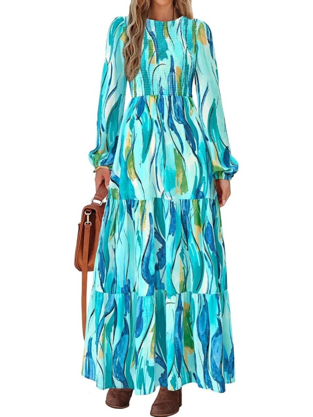 Women's Blue Green Trendy Outfits Long Sleeve Floral Boho A Line Maxi Fall Dress